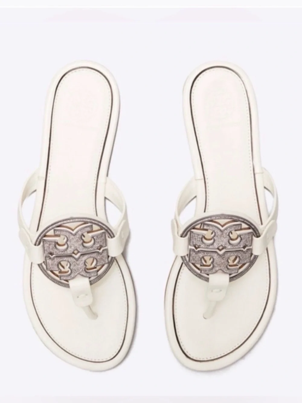 Tory Burch Bleach Ivory & Silver Metal Crystal Embellished Miller Sandals